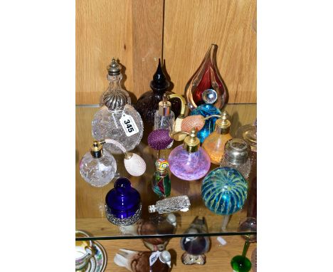 A COLLECTION OF GLASS PAPERWEIGHTS AND SCENT BOTTLES, to include two signed Mdina paperweights, an Adam Jablonski teardrop sh