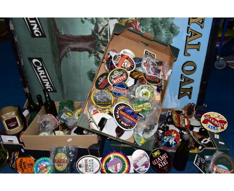 FOUR BOXES OF PUB BEER ENGINE TAP SIGNS AND AN ORIGINAL PUB SIGN, comprising 'The Royal Oak' hand painted pub sign, painted o