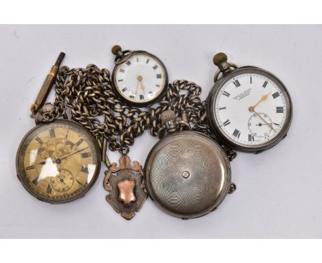 FOUR POCKET WATCHES AND ALBERT CHAINS, to include three silver pocket watches, an open face pocket watch signed 'Excello Leve