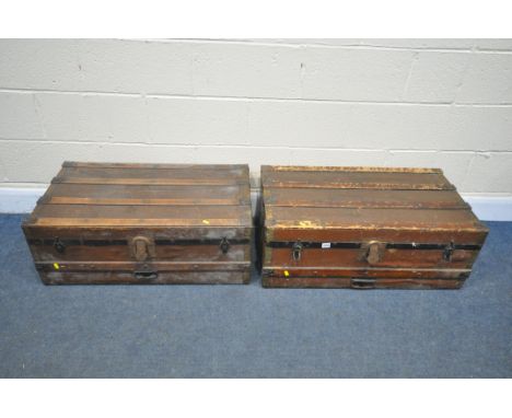 TWO VINTAGE WOODEN AND CANVAS BOX TRAVELLING TRUNK, width 83cm x depth 49cm x height 43cm (condition:-both distressed) (2)
