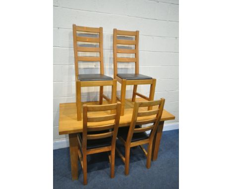 AN LIGHT OAK DINING TABLE, length 140cm x depth 76cm x height 75cm, four ladderback chairs (condition:-good condition) (5)