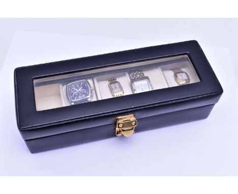A WATCH DISPLAY BOX WITH FOUR WRISTWATCHES, to include a gents 'Citizen Eco-drive W100', watch, rounded square blue dial, Ara
