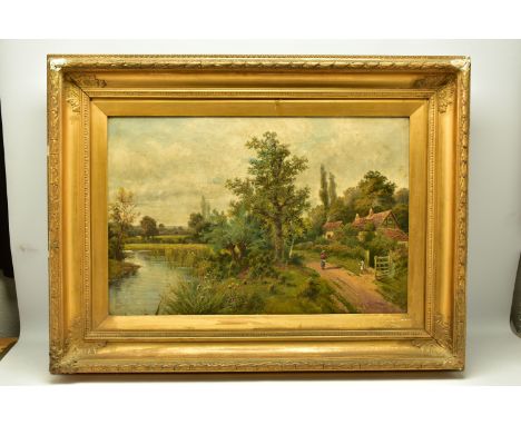 JOHN HENRY BOEL (ACTIVE 1890-1915) AN ENGLISH SCHOOL LANDSCAPE, two figures outside a cottage in a lane beside a river, signe