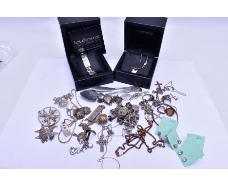 ASSORTED SILVER AND WHITE METAL JEWELLERY AND ITEMS, to include a charm bracelet with charms, ingot pendant necklaces, bangle