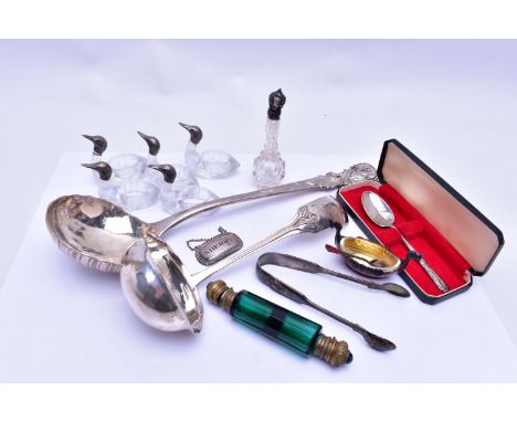 A BOX OF ASSORTED SILVER AND ITEMS, to include a silver fiddle pattern ladle, hallmarked 'Bernard Harrington' Edinburgh 1949,