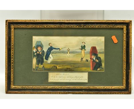 A 19TH CENTURY PRINT DEPICTING A DUEL WITH PISTOLS, two reluctant figures aim their pistols at each other while their seconds