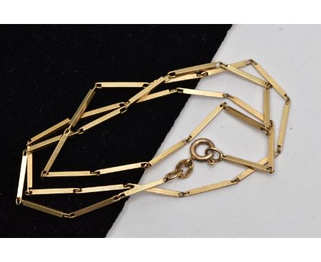 A YELLOW METAL FANCY LINK CHAIN, made up of a series of polished bars, fitted with a spring clasp stamped 375 Italy and 9ct, 