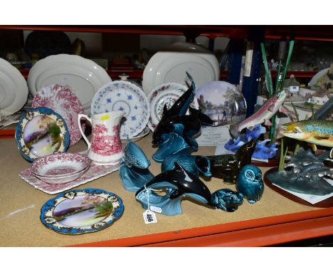 A GROUP OF CERAMICS AND FISH SCULPTURES, to include a collection of Poole Pottery creatures, two resin sculptures from the Tr