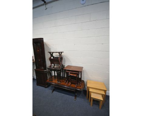 A SELECTION OF MAHOGANY FURNITURE, to include two nest of three tables, magazine rack, drop leaf sofa  table, corner cupboard