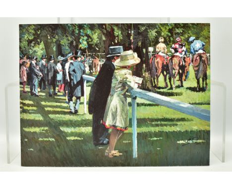 SHERREE VALENTINE DAINES (BRITISH 1959) 'ON PARADE', a signed limited edition print on board depicting figures at a horse rac