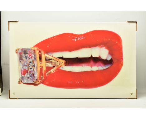 RORY HANCOCK (WELSH 1987) 'ROCK CANDY', a signed limited edition box canvas print of a mouth and a diamond ring, 3/95, with c