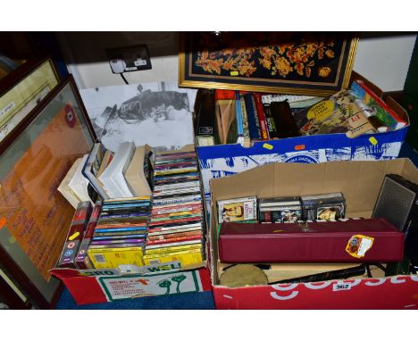 THREE BOXES OF BOOKS, FRAMED PRINTS AND CDS, to include a Hohner Melodia piano 27, a Hohner Echo harmonica, a wooden Hornby r