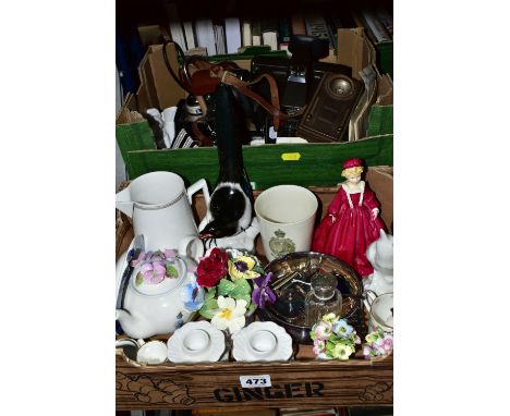 TWO BOXES OF CERAMICS, METALWARES, CAMERAS AND SUNDRY ITEMS, to include a Royal Worcester Grandmother's Dress 3081 figurine, 