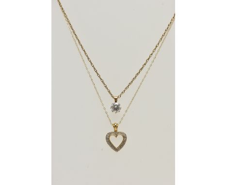 TWO PENDANT NECKLACES, the first pendant of an openwork heart design with single cut diamond detail, fitted with a tapered ba