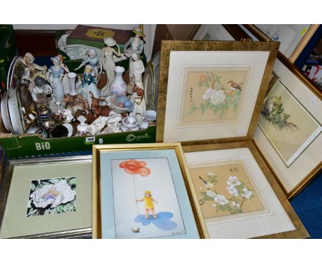 THREE BOXES OF FRAMED PRINTS ORNAMENTS AND TABLE LINEN, to include a box of hand embroidered table linen, fifteen framed prin