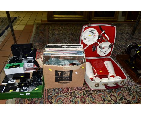 TWO BOXES AND LOOSE SUNDRY ITEMS ETC, to include a vintage hand operated Singer sewing machine with a grape and vine faceplat