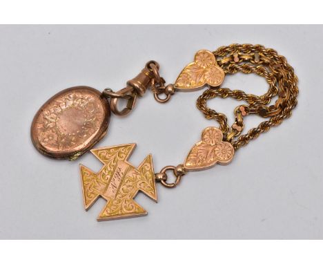 A YELLOW METAL ALBERTINA AND A ROSE GOLD LOCKET, three strand chain, with two floral detailed links, fitted with a lobster cl
