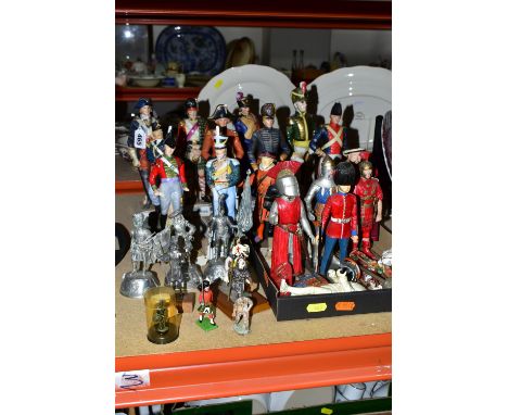 A BOX AND LOOSE MILITARY FIGURES, approximately thirty military and similar figures, to include three Stadden military pewter