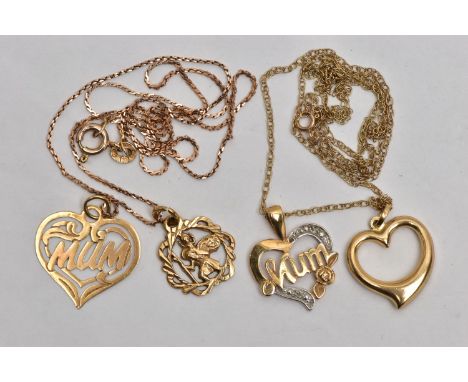 FOUR PENDANTS AND TWO CHAINS, to include two heart shape pendants each inscribed 'Mum', one stamped 9ct the other hallmarked 