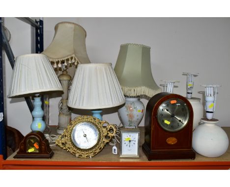 GROUP OF TABLE LAMPS AND MANTEL CLOCKS, comprising three repainted cream table lamps, a mahogany mantel clock, early 1900's w