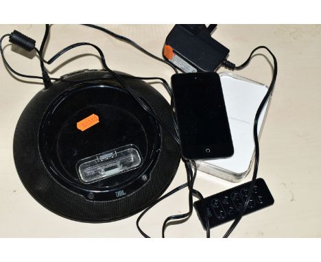 A TRAY CONTAINING AN APPLE iPOD TOUCH with box, 8Gb capacity, model No A1367 and a JBL On Flip 3P docking station with power 