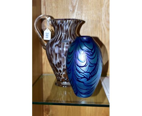 AN 'EVOLUTION' BY WATERFORD JUG AND AN OKRA GLASS VASE, comprising Waterford 'Urban Safari Pitcher', with brown and white saf