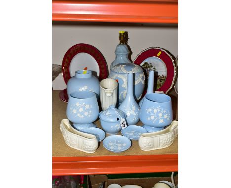 A COLLECTION OF SPODE COPELAND  'GEISHA' PRUNUS CHERRY BLOSSOM VASES, comprising a pair of pedestal vases, matte powder blue 