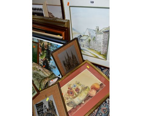 A SMALL QUANTITY OF PAINTINGS AND PRINTS ETC, to include F Milner a still life study of flowers and fruit, signed and dated 1