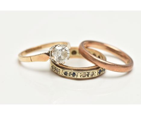 THREE RINGS, the first a polished rose gold band, hallmarked 9ct London, ring size L, the second a single cubic zirconia set 