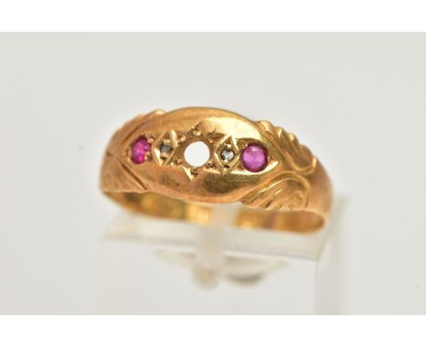 AN MID 20TH CENTURY 18CT GOLD RING, a/f,  missing centre stone, set with two diamond chips and two circular cut rubies, scrol