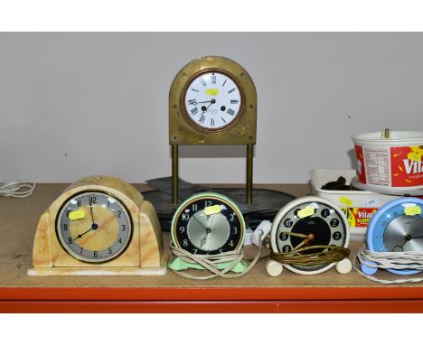 A COLLECTION OF MID - CENTURY CLOCKS, comprising an Art Deco style arched mirrored electric clock made by British Electric Me