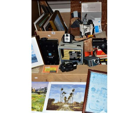 ONE BOX OF FRAMED PRINTS, VINTAGE MOVIE CAMERAS AND PROJECTORS, to include a large gilt framed water colour 88cm x 74cm, a bo