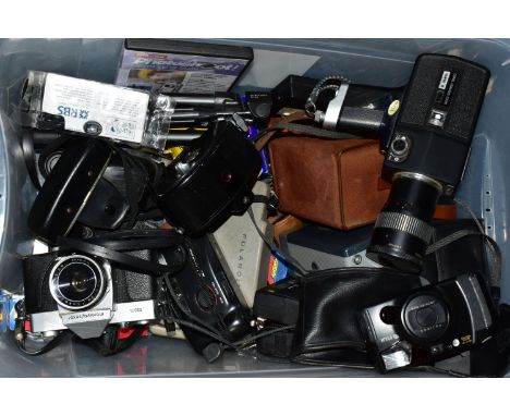 A TRAY CONTAINING VINTAGE FILM CAMERAS including a Mamiya Sekor 528TL, a Polaroid 103 Instant camera, Kodak Duaflex, and Brow