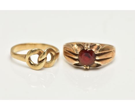 TWO 9CT GOLD RINGS, the first designed with a claw set, circular cut garnet to a polished band, hallmarked 9ct London, ring s