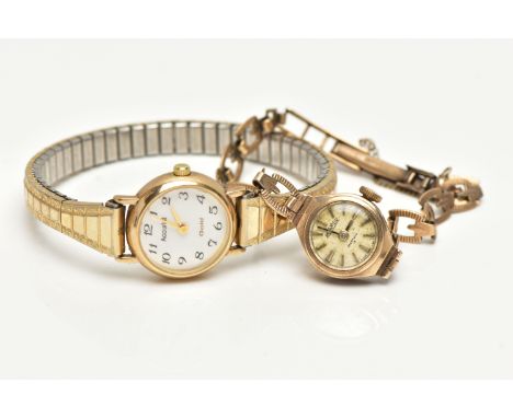 TWO 9CT GOLD WRISTWATCHES, the first a ladys 9ct gold 'Roamer' manual wind watch, small round cream dial signed 'Roamer Incab