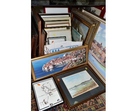 A BOX AND LOOSE PAINTINGS AND PRINTS ETC, to include an oil on canvas depicting Dubrovnik in Croatia signed Batinic, approxim