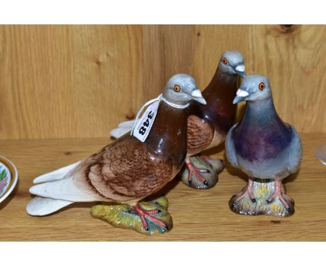 THREE BESWICK PIGEONS, second versions with two stripes on wings, model no 1383B, one 'blue' (grey) gloss, and two 'red' (bro