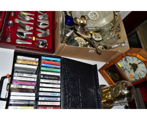 A BOX AND LOOSE METALWARES, PENS, CLOCKS AND SUNDRY ITEMS, to include an American Jerome &amp; Co bracket clock with label in