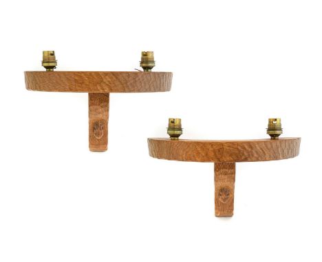 Workshop of Robert Mouseman Thompson (Kilburn): Two English Oak Double Wall Light Brackets, semi-circular with two upward fac