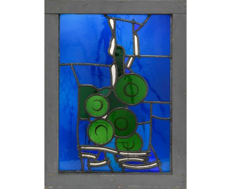 Graham M Pentelow (1954-): A Leaded Glass Panel, abstract design, mouthblown clear, blue and green glass, 36cm wide 51cm high