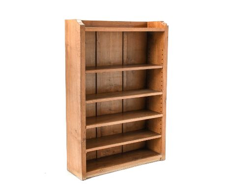 Workshop of Robert Mouseman Thompson (Kilburn): An English Oak 4ft Open Bookcase, solid ends and panelled back, with raised u