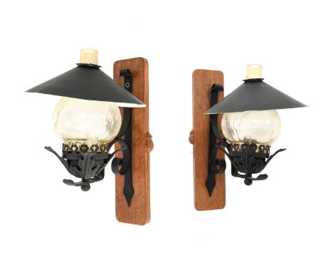 Workshop of Robert Mouseman Thompson (Kilburn): A Pair of English Oak Wall Lights Brackets, the plain rectangular backs mount