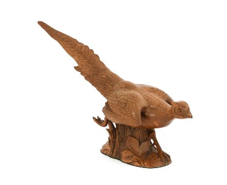 Workshop of Robert Mouseman Thompson (Kilburn): A Carved English Oak Pheasant, in a running pose, with recessed carved mouse 