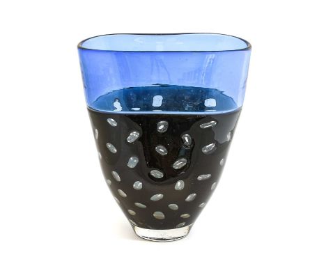 Stuart Akroyd (Contemporary): A Glass Vase, blue banded top and black lower section with clear decoration, engraved signature