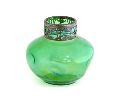 An Art Nouveau Metal Mounted Glass Vase, possibly manufactured by Carl Stolzle Glassworks Suchenthal, the green iridescent bl