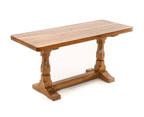 Workshop of Robert Mouseman Thompson (Kilburn): An English Oak 3ft Refectory Coffee Table, the rectangular top on two octagon