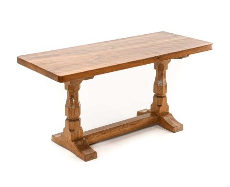 Workshop of Robert Mouseman Thompson (Kilburn): An English Oak 3ft Refectory Coffee Table, the rectangular top on two octagon