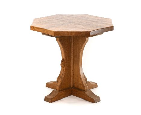 Workshop of Robert Mouseman Thompson (Kilburn): An English Oak Octagonal Coffee Table, adzed top, on a cruciform base, with c