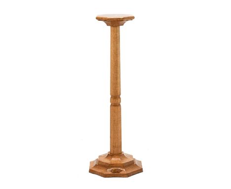 Workshop of Robert Mouseman Thompson (Kilburn): An English Oak 3ft Flower Stand, on an octagonal column and base, with carved