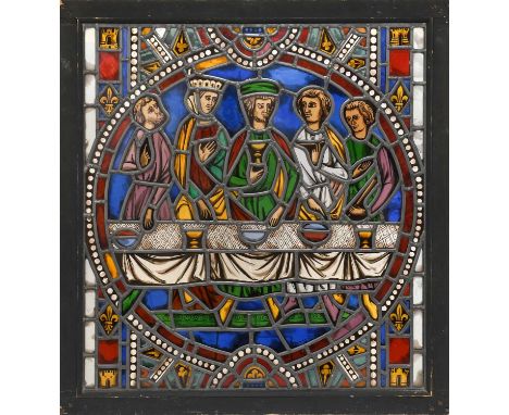 Graham M Pentelow (1954-): Parable of The Prodigal Son, A Stained and Leaded Glass Panel, mouthblown glass, 61cm wide 66cm hi